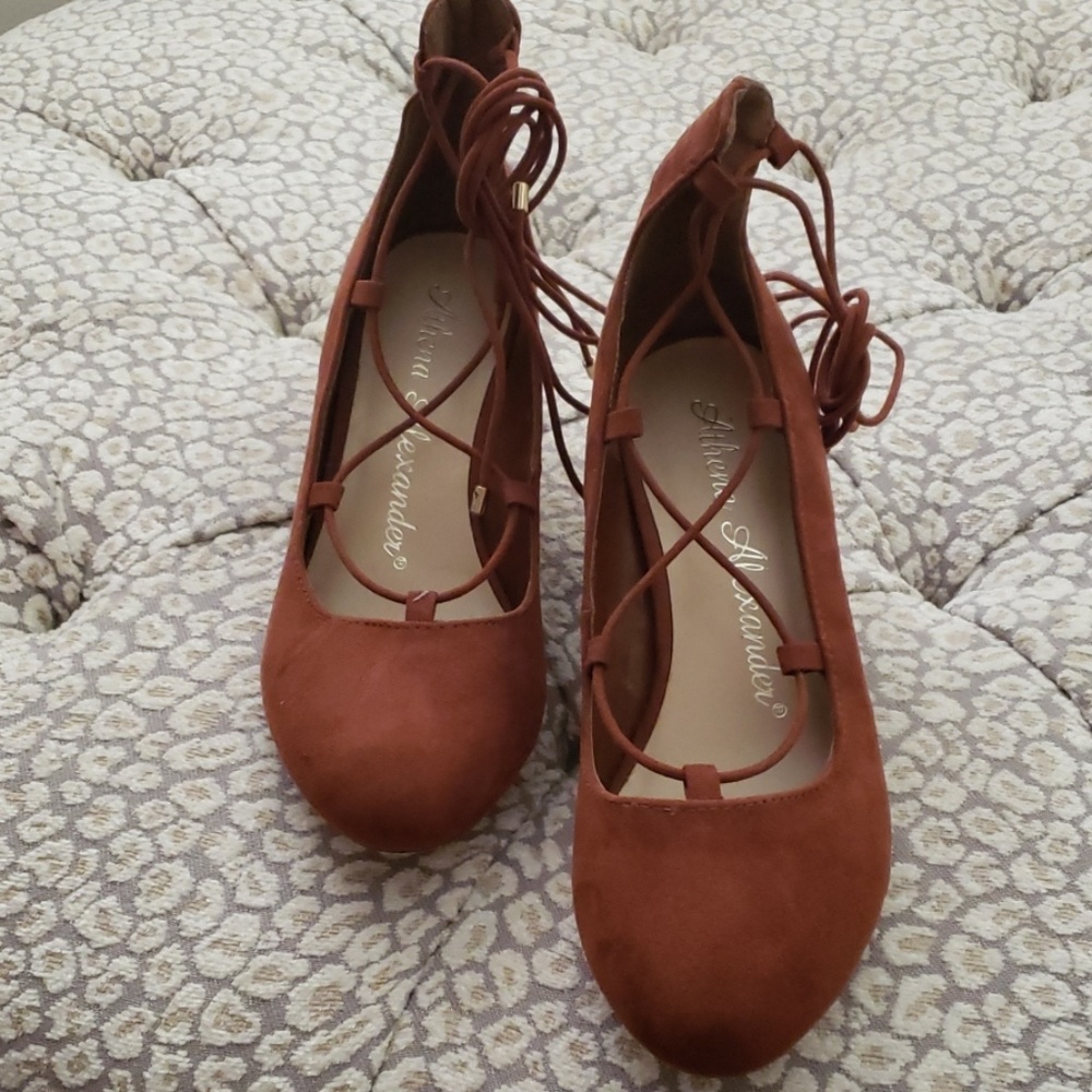 Athena Alexander copper suede lace up shoes.